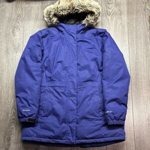 Eddie Bauer Jacket Womens XL Blue Parka Weatheredge Fur Hood Goose Down Zip